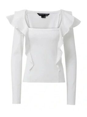 Veronica Beard White Ruffle-Trim Long Sleeve Top